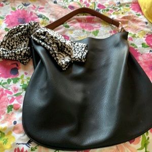 ANTHRO Black leather hobo bag with leopard scarf